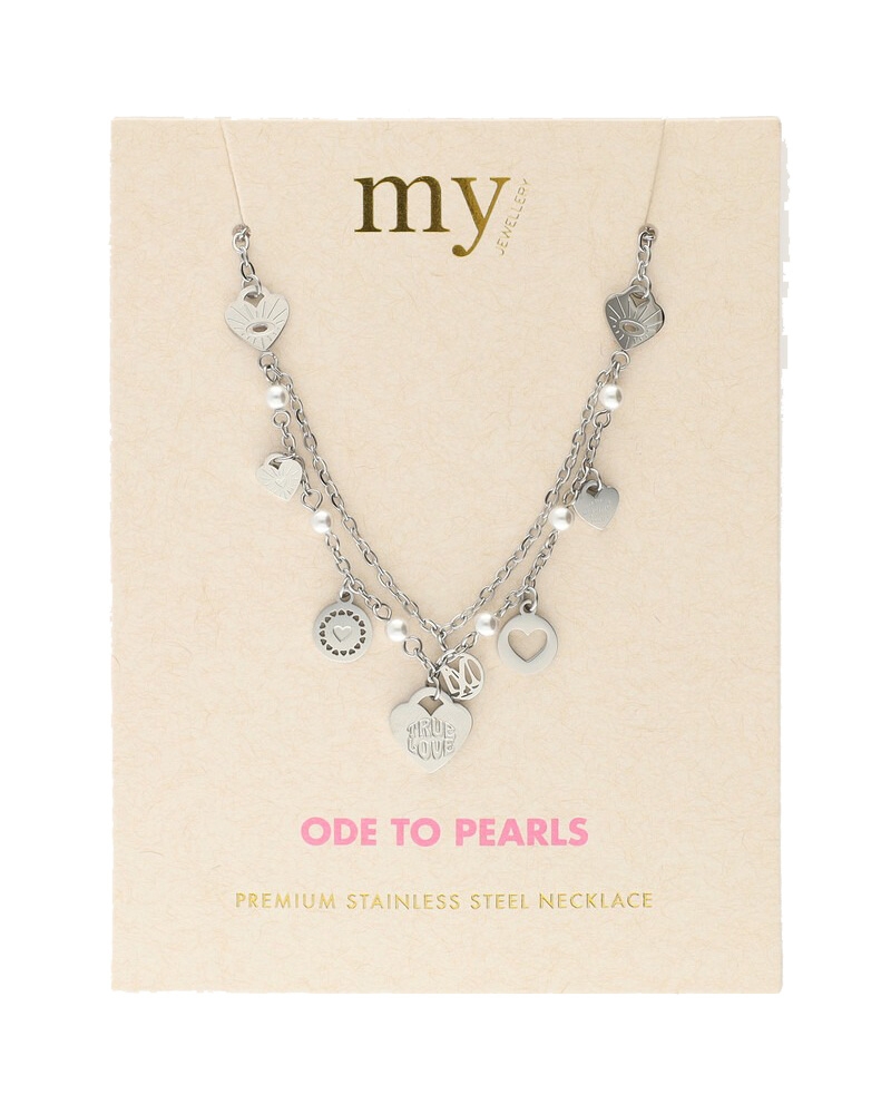 KETTING MET HARTJES EN IMITATIEPARELS ZILVER