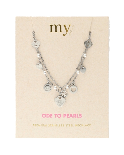 KETTING MET HARTJES EN IMITATIEPARELS ZILVER