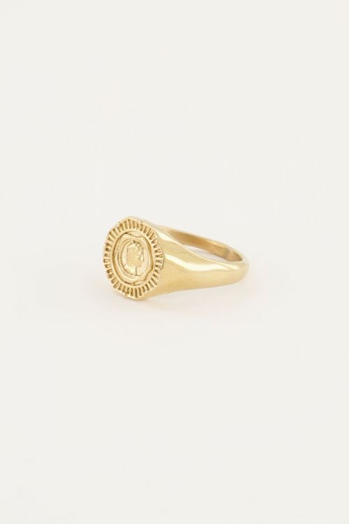 VINTAGE LOOK ZEGELRING MET MUNT GOUD