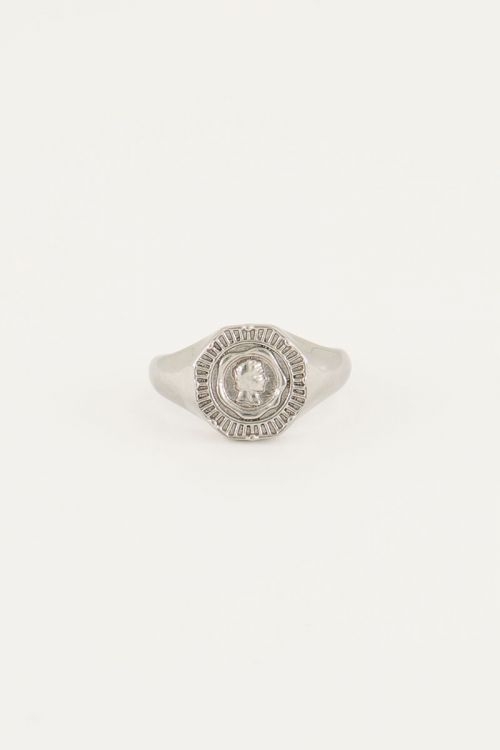 VINTAGE LOOK ZEGELRING MET MUNT ZILVER