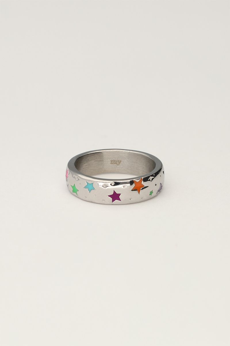 RING MET GEKLEURDE STERREN ZILVER