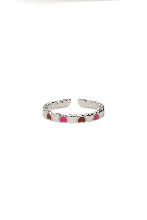 RING MET RODE EN ROZE HARTJES ZILVER