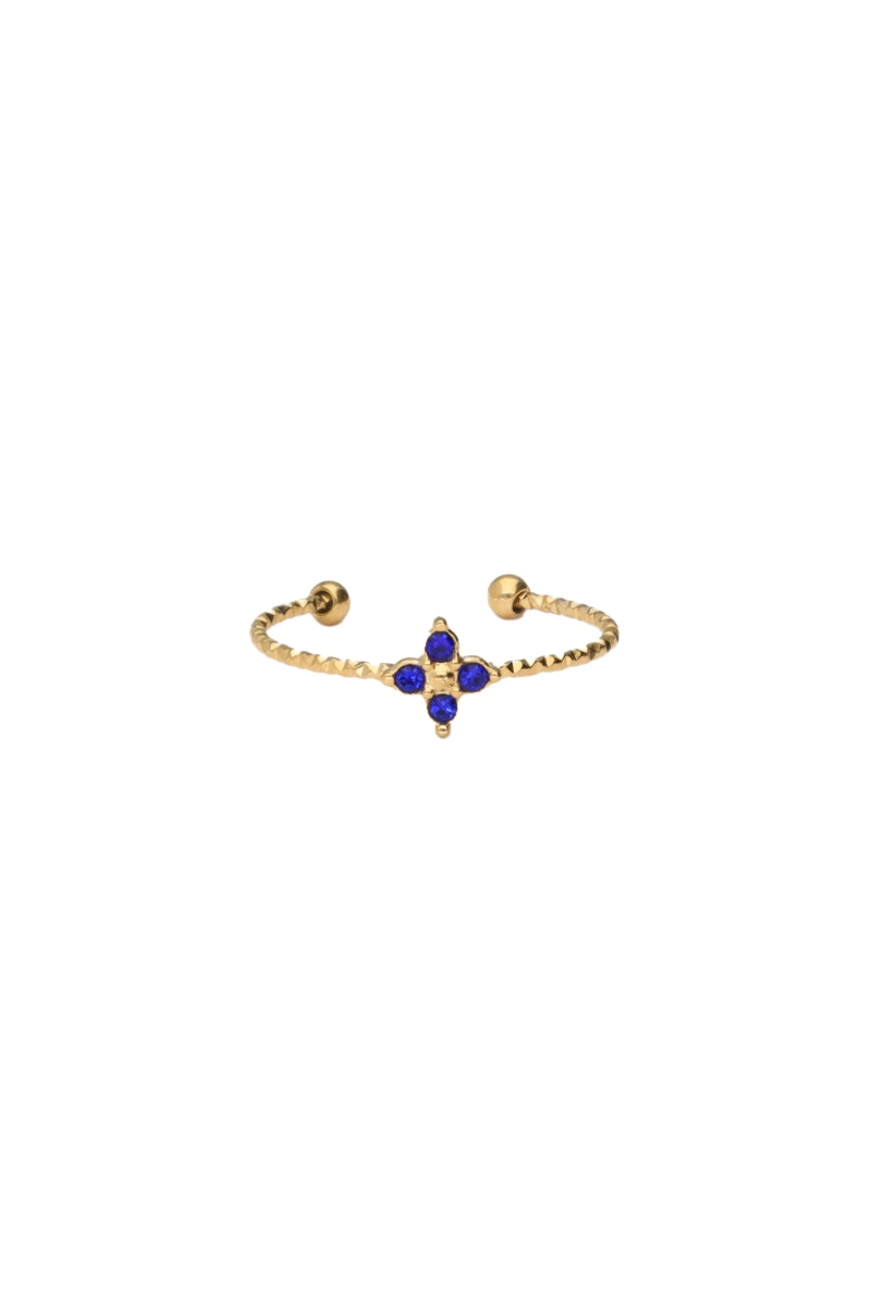 RING MET KLAVER EN BLAUWE STRASS GOUD