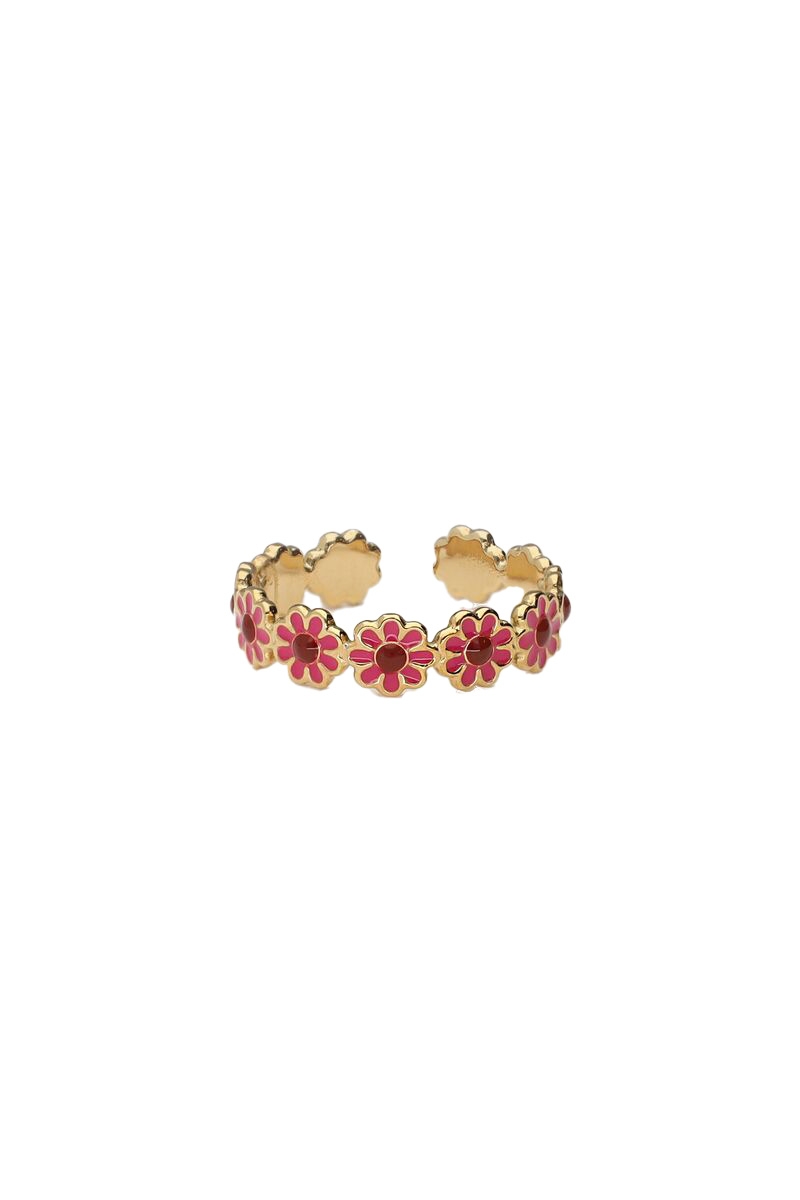 VINTAGE RING MET ROZE & RODE BLOEMEN GOUD