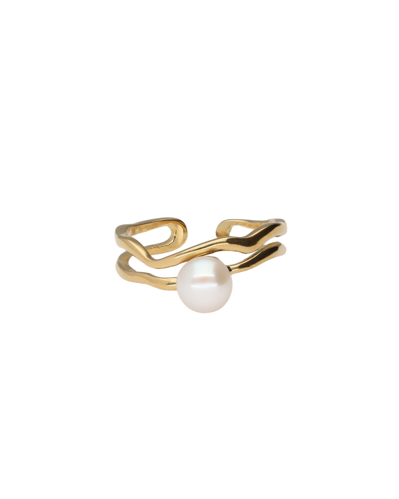 BOLD RING MET WAVE EN ZOETWATERPAREL GOUD