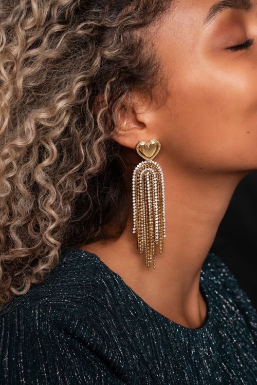 Hart oorhangers met kwastjes van strass goud