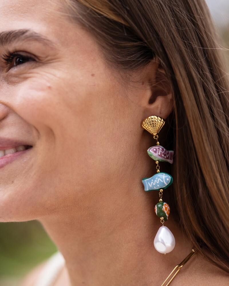 EARRING 3 FISH PEARL MULTI