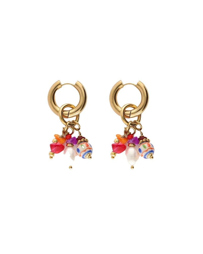 EARRING HOOP MULTI BEADS GOUD