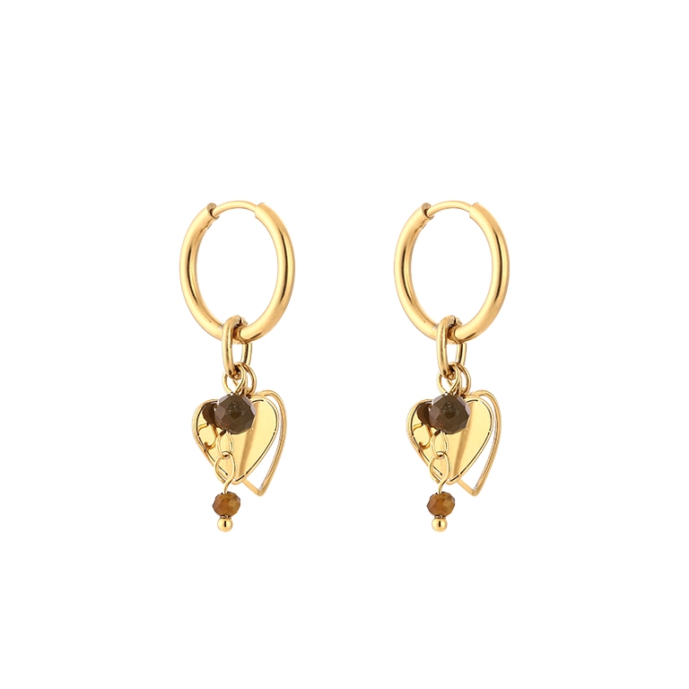 OORBELLEN HARTJES EN KRALEN GOUD/BRUIN