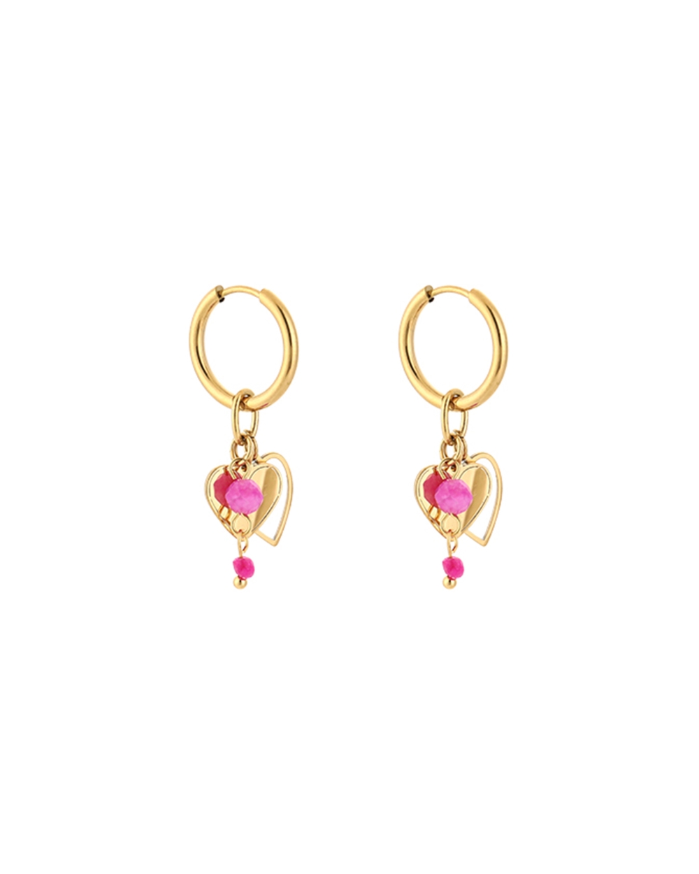 OORBELLEN HARTJES EN KRALEN GOUD/FUCHSIA