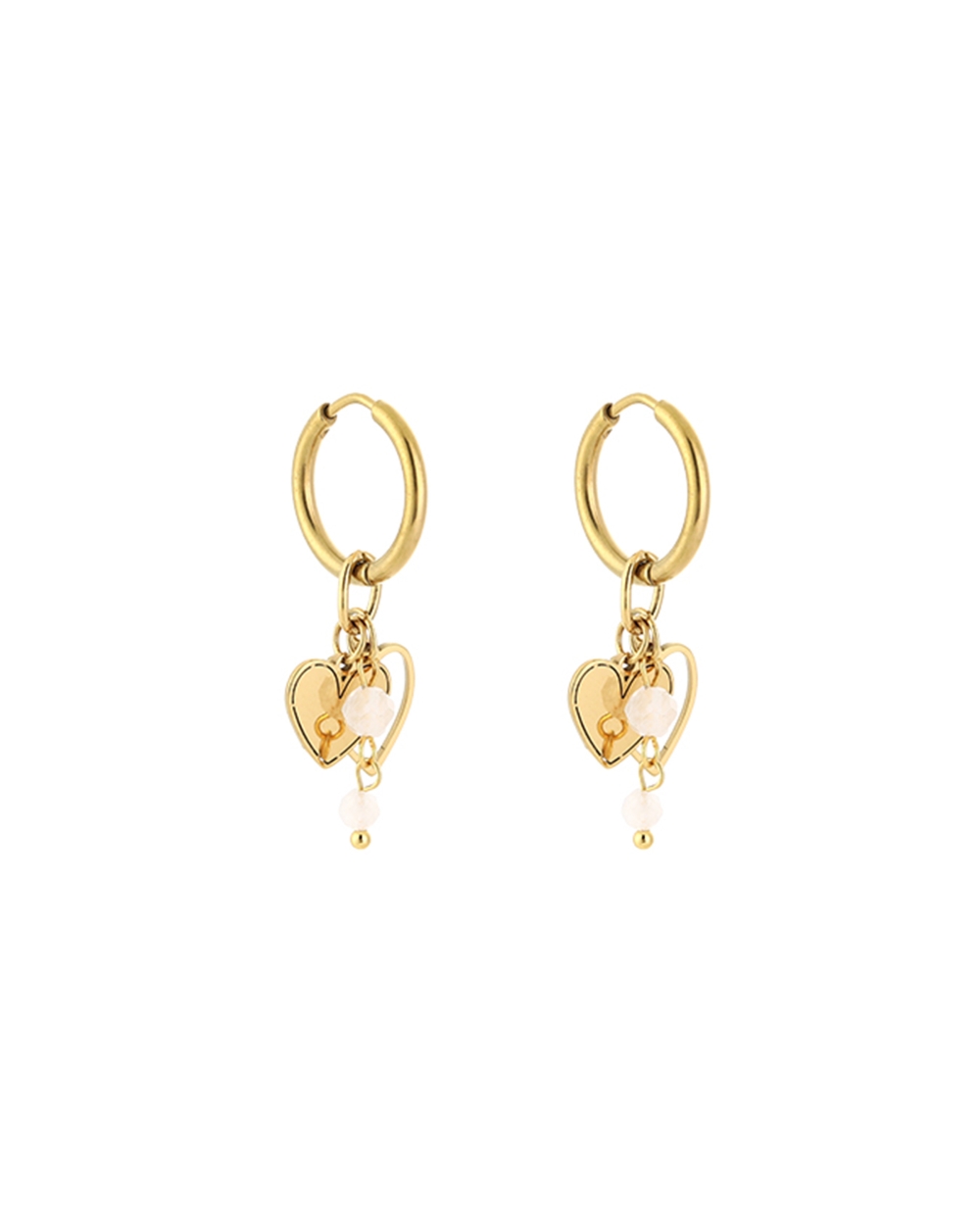 OORBELLEN HARTJES EN KRALEN GOUD/WIT