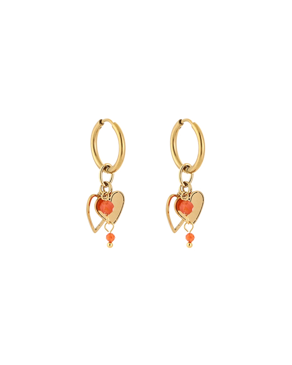 OORBELLEN HARTJES EN KRALEN GOUD/ORANJE