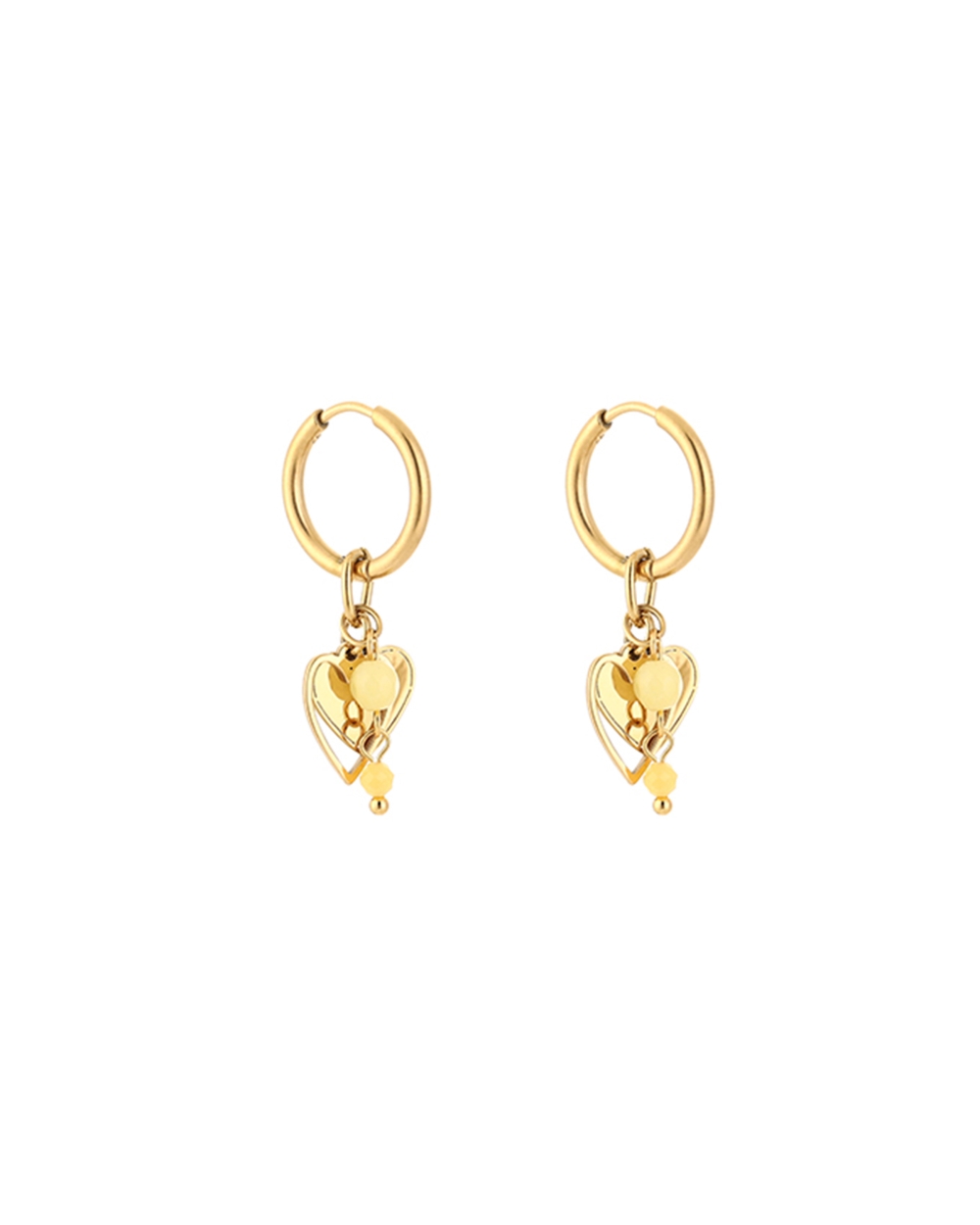 OORBELLEN HARTJES EN KRALEN GOUD/GEEL