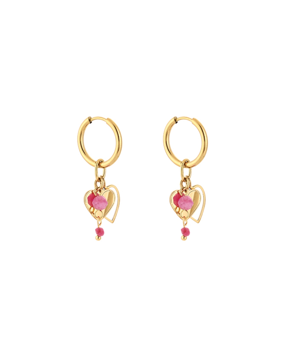 OORBELLEN HARTJES EN KRALEN GOUD/ROZE