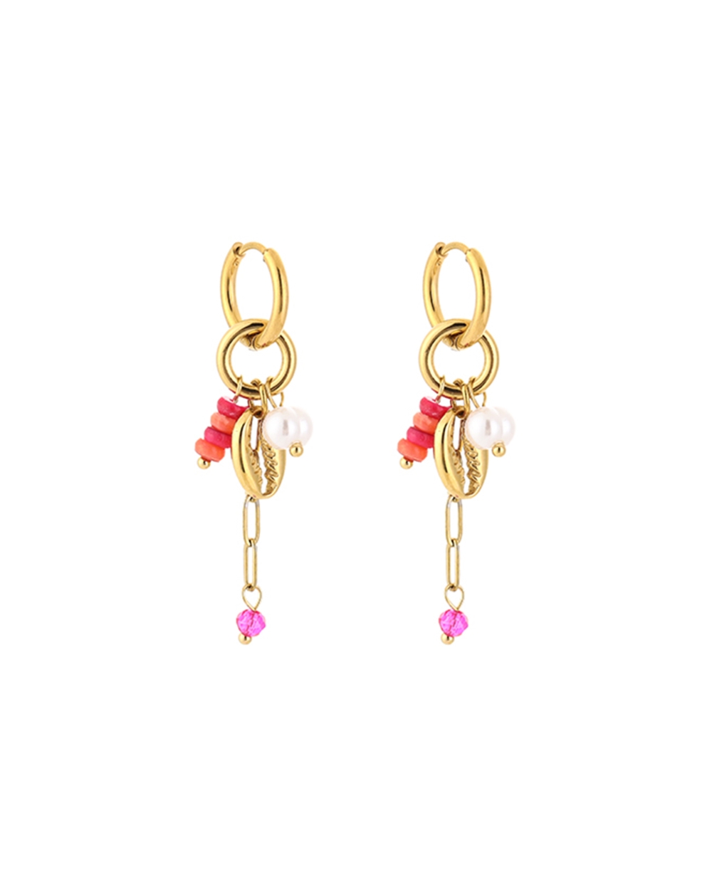 OORBELLEN SCHELPEN EN KRALEN GOUD/FUCHSIA