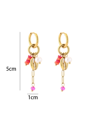 OORBELLEN SCHELPEN EN KRALEN GOUD/FUCHSIA