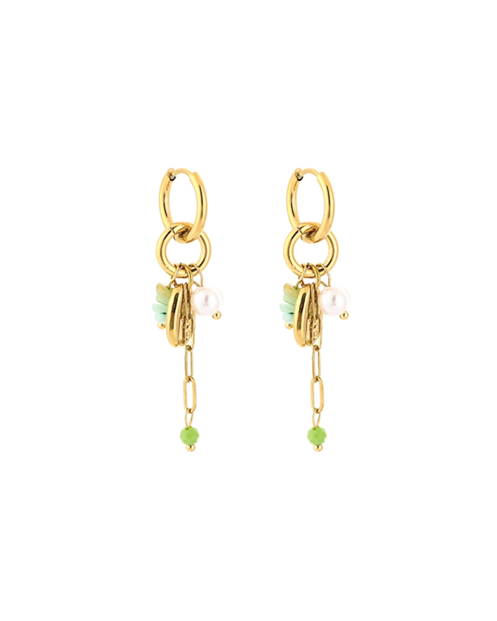 OORBELLEN SCHELPEN EN KRALEN GOUD/LICHTGROEN