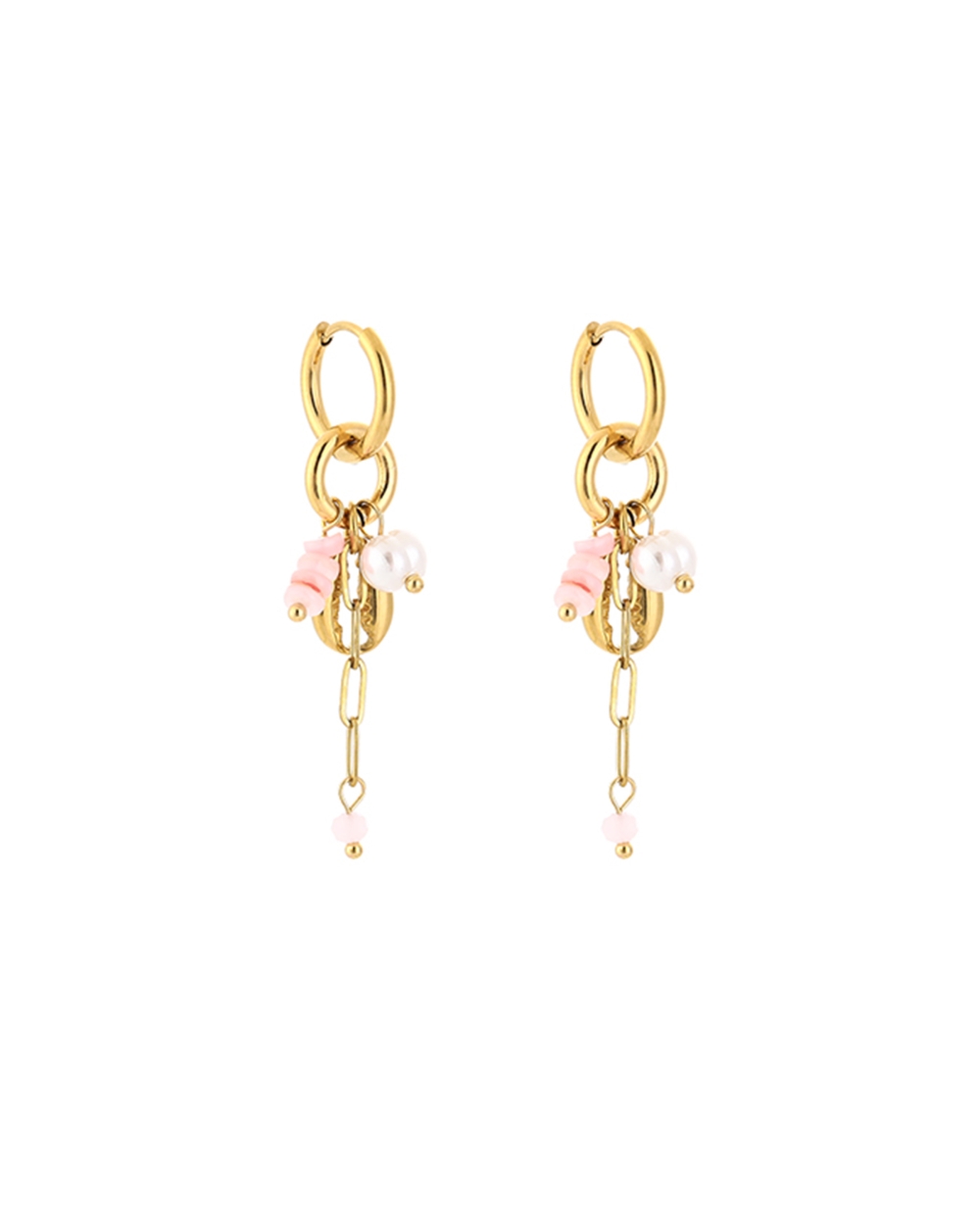OORBELLEN SCHELPEN EN KRALEN GOUD/ROZE