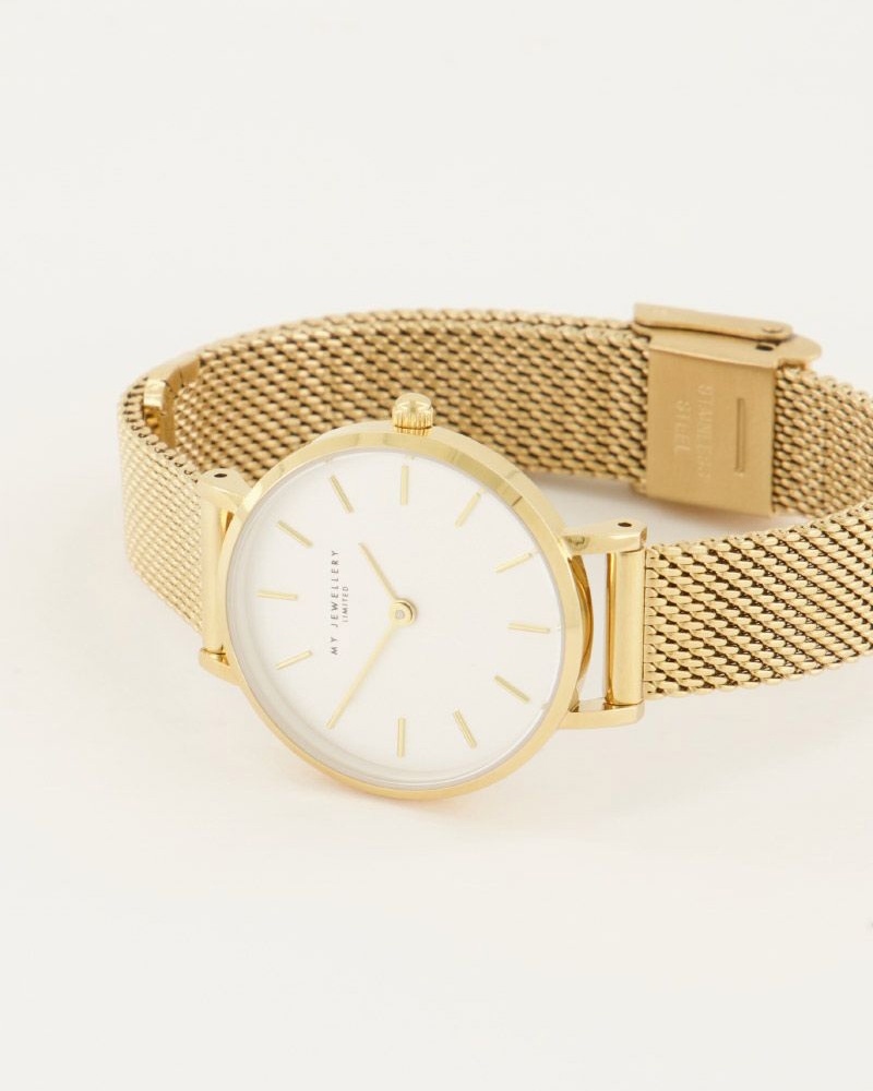 ROND HORLOGE MET WITTE WIJZERPLAAT GOUD