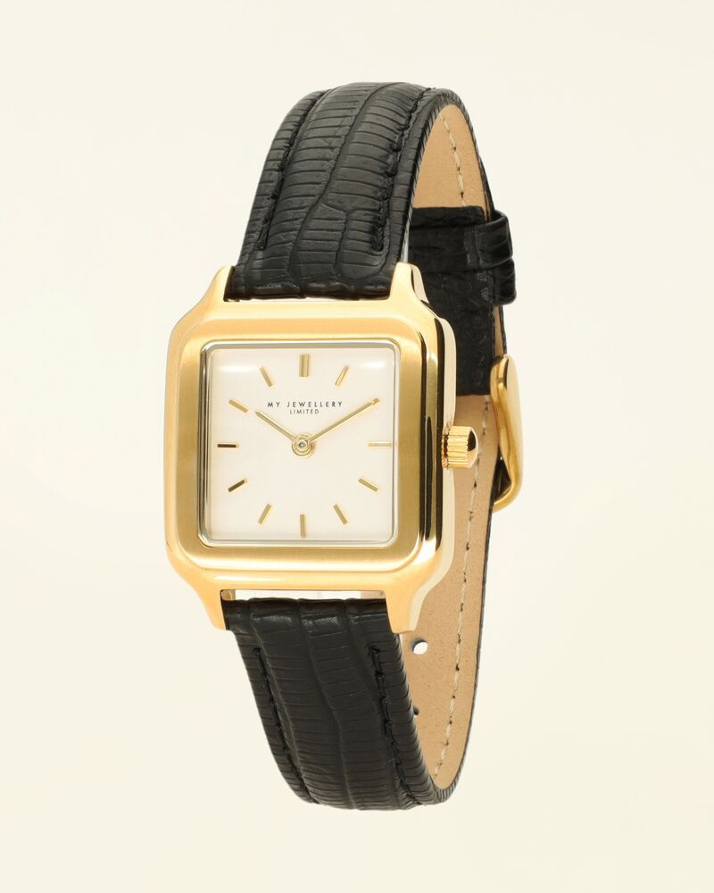 VIERKANT HORLOGE MET ZWART LEREN BANDJE