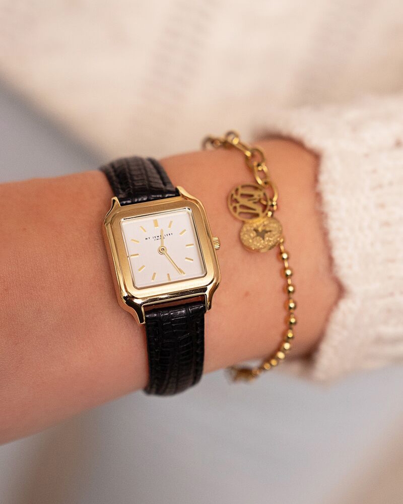 VIERKANT HORLOGE MET ZWART LEREN BANDJE