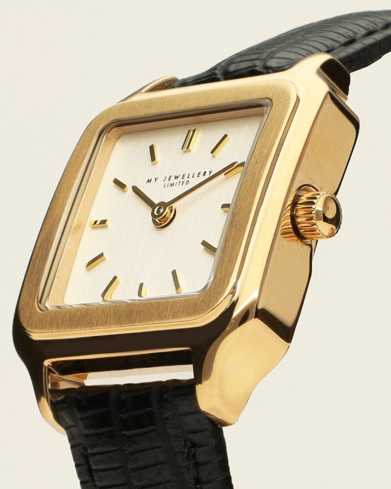 VIERKANT HORLOGE MET ZWART LEREN BANDJE