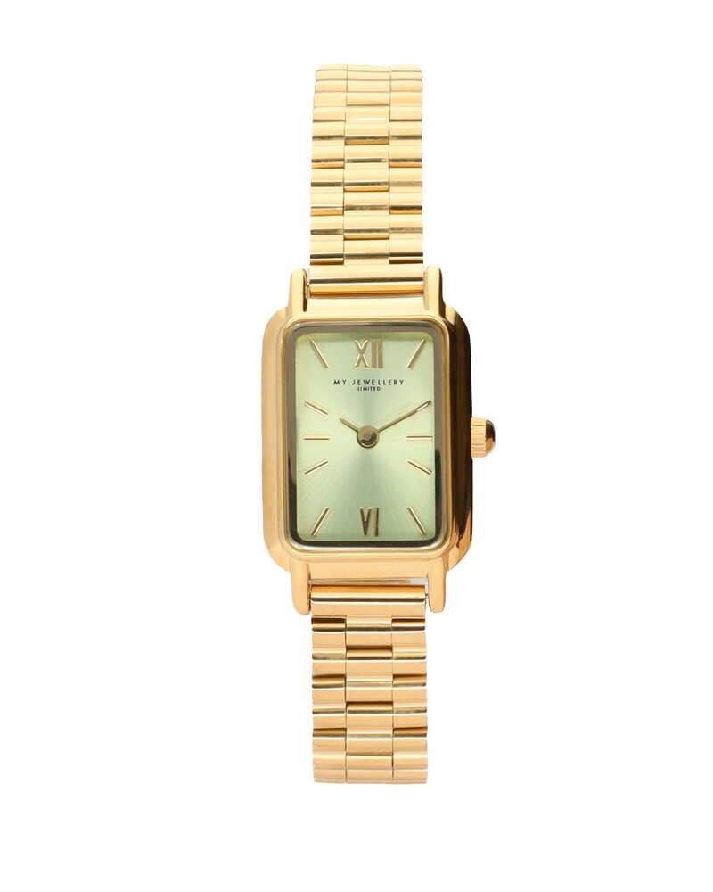 VIERKANTE HORLOGE MET MINT GROENE WIJZERPLAAT GOUD