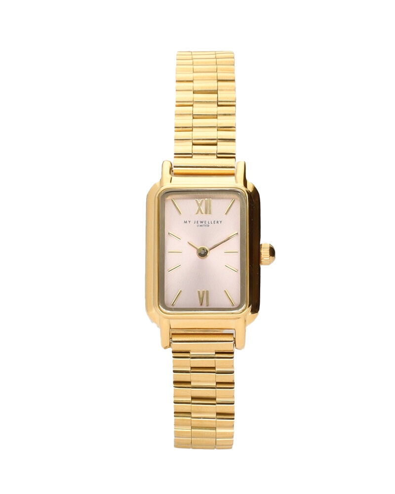 VIERKANTE HORLOGE MET LICHT ROZE WIJZERPLAAT GOUD