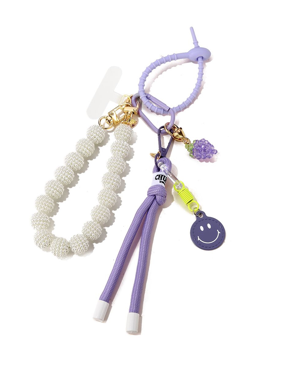 TELEFOONKOORD EN BAGCHARM LILA